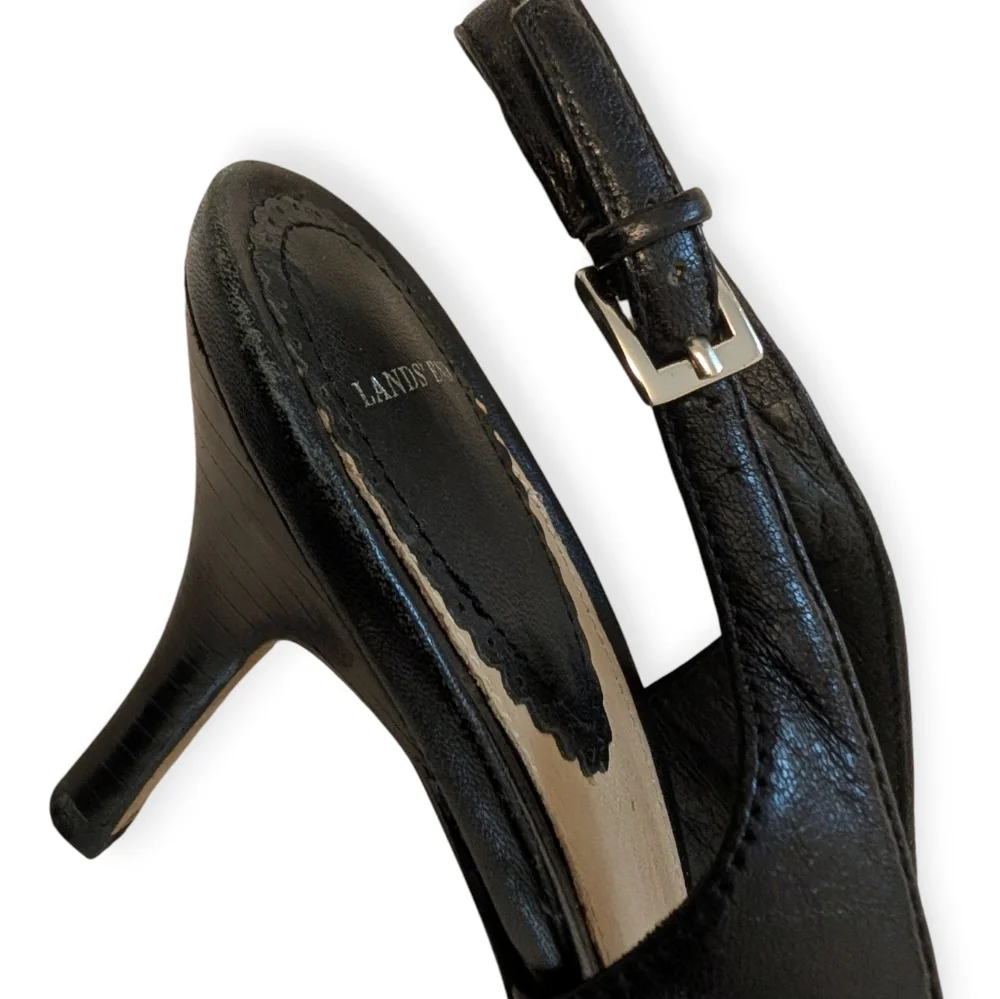 SLINGBACK PUMPS Black Leather Pointed Toe 2” Stacked Heel 8.5 Lands End